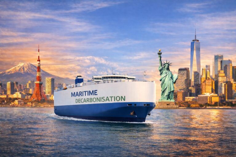 Large cargo ship labelled “Maritime Decarbonisation” sailing across the ocean between global landmarks, including the Statue of Liberty, a modern city skyline and Mount Fuji, symbolising global maritime sustainability.